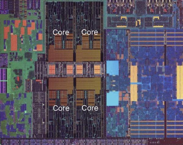 The die shot from before, with annotations showing 4 repeated structures labeled as